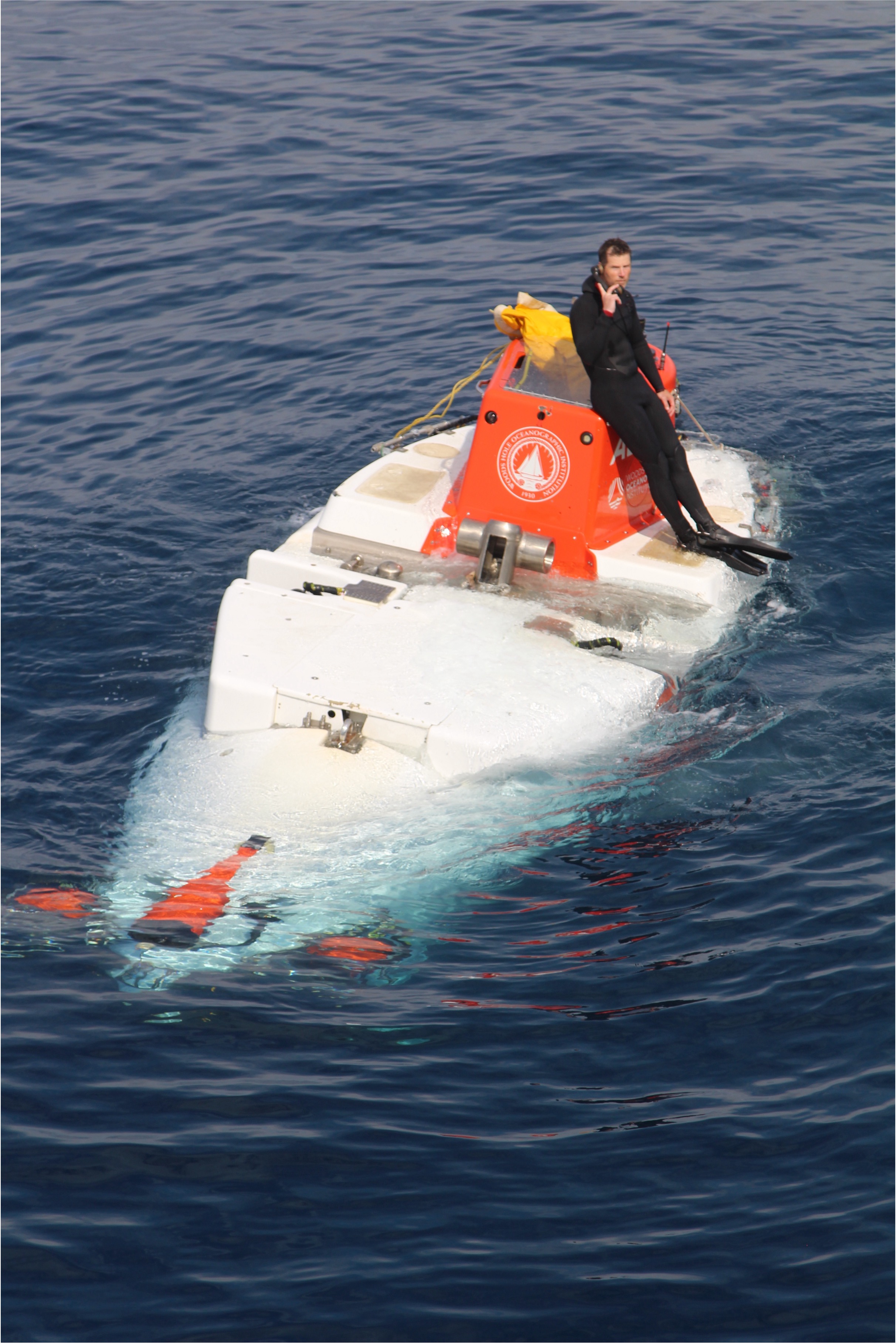 DSV Alvin surfacing with diver on top